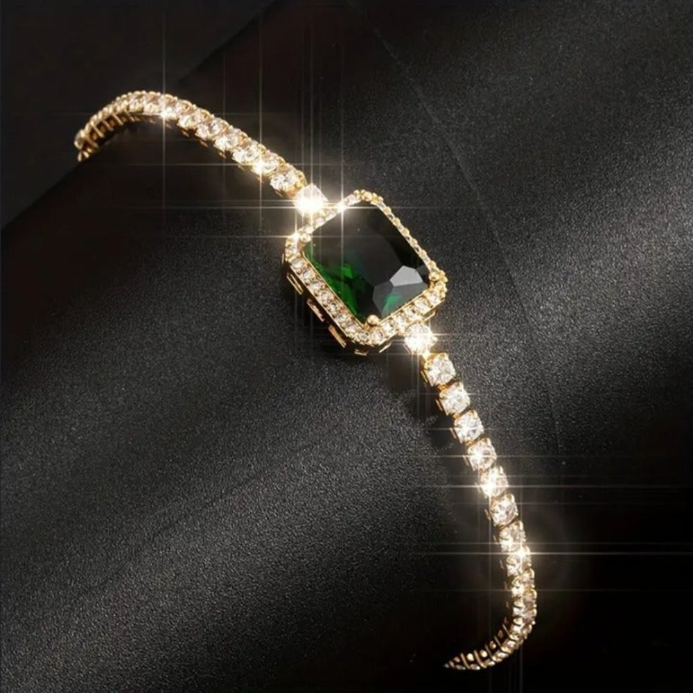 14K Gold 2ct Square Diamond Tennis 1ct Green Emerald Gemstone Bracelet Jewelry